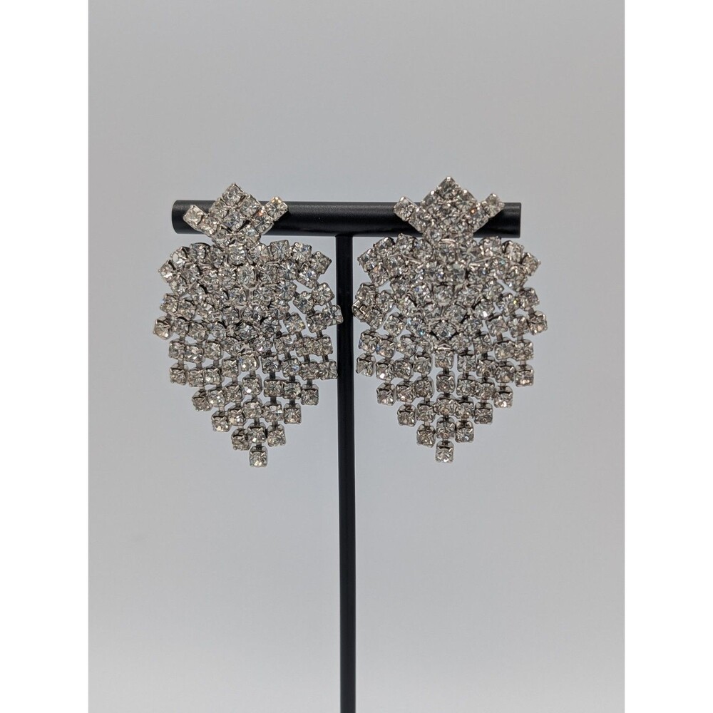 Vtg Statement Cluster Crystal Waterfall Earrings Pierced Dangle Large Sparkle